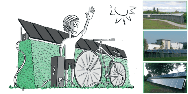 Illustration-eines-Fahrrads-an-einer-Photovoltaik-Laermschutzwand