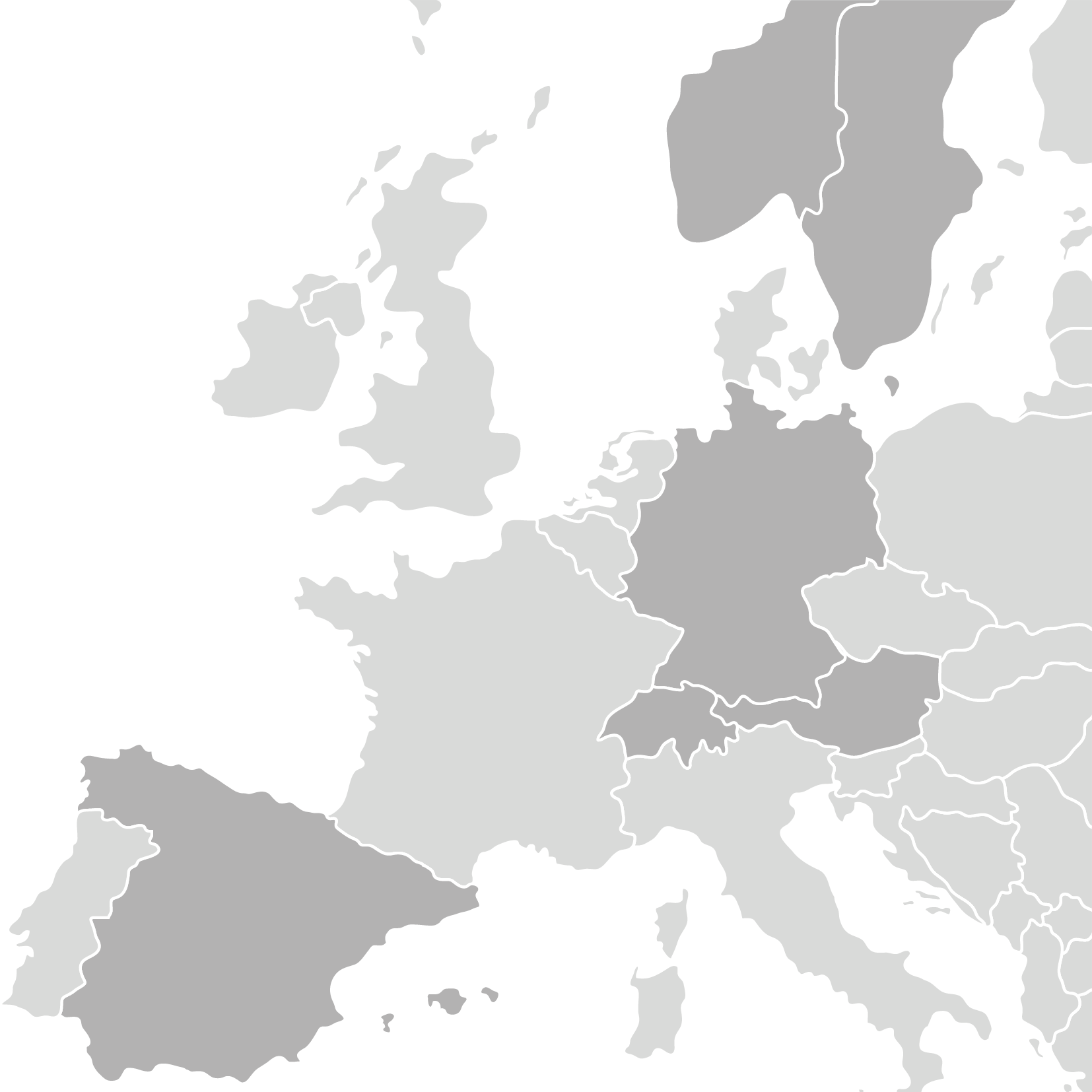 Eine Europakarte hebt Spanien, Deutschland und Schweden dunkel hervor und zeigt die Lage weiterer Länder auf hellem Hintergrund.